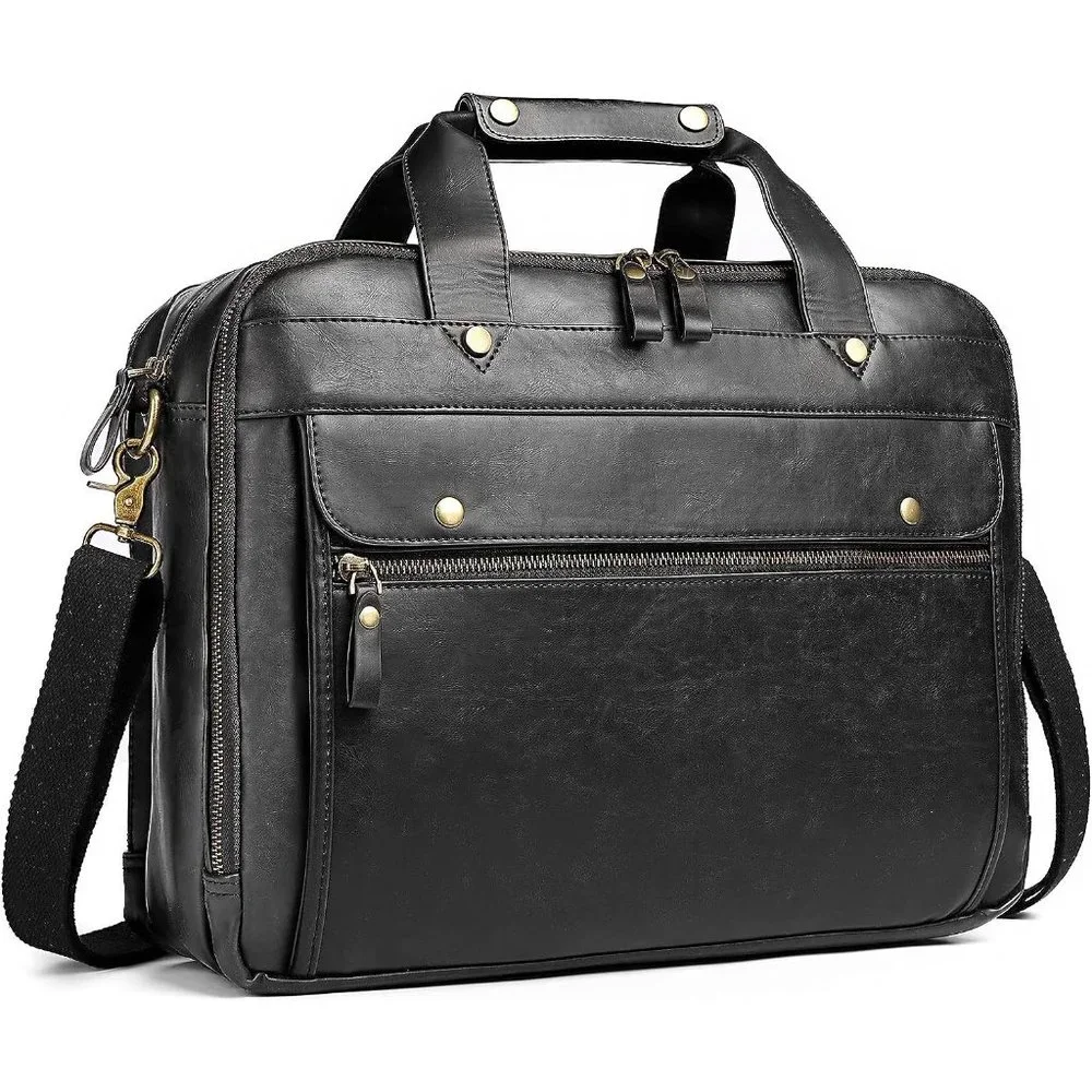 Men's Black Leather Waterproof laptop bag 15.6 Inch
